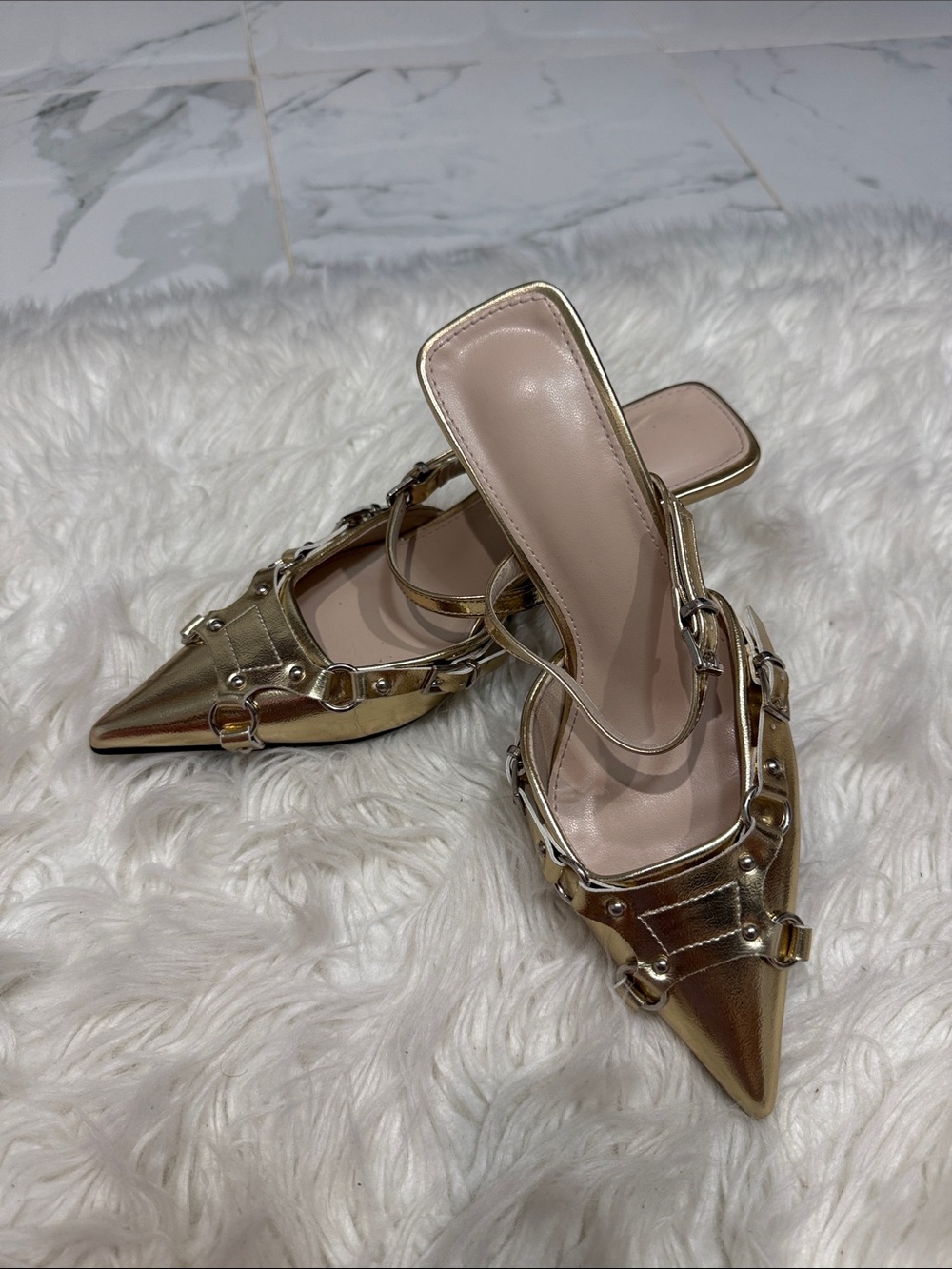 Gold Pointed Toe Studded Slingback Heels - Women